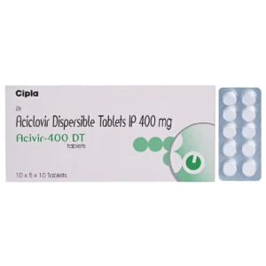 Close-up of Aciclovir 400 Mg tablets in a blister pack used for herpes treatment