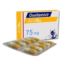 Antiflu 75 Mg Oseltamivir capsule strip and packaging on white background
