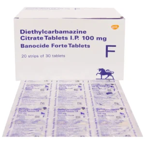 Banocide Forte 100 Mg tablet strip and packaging on white background
