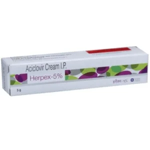 Herpex Cream Aciclovir 5% tube and packaging on white background