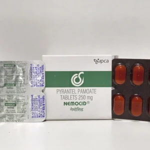 Nemocid 250mg Pyrantel tablets used for the treatment of pinworm, roundworm, hookworm, and other intestinal worm infections.
