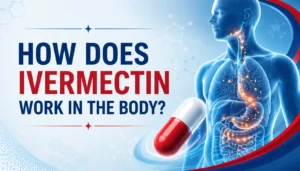 Illustration explaining how Ivermectin works in the human body by targeting parasites, disrupting nerve function, causing paralysis, and supporting parasite elimination.